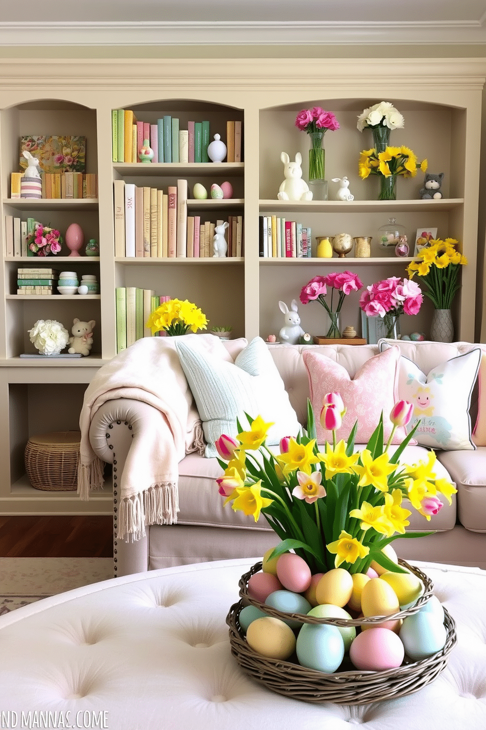 A whimsical Easter-themed bookcase display features pastel-colored books arranged by size, interspersed with charming decorative eggs and small bunny figurines. The shelves are adorned with spring flowers in vibrant vases, creating a cheerful and inviting atmosphere that celebrates the holiday spirit. In the living room, a cozy seating area is enhanced with Easter-themed throw pillows and a soft, pastel-colored blanket draped over the arm of a plush sofa. A centerpiece of fresh tulips and daffodils in a decorative basket sits on the coffee table, surrounded by colorful Easter eggs for a festive touch.