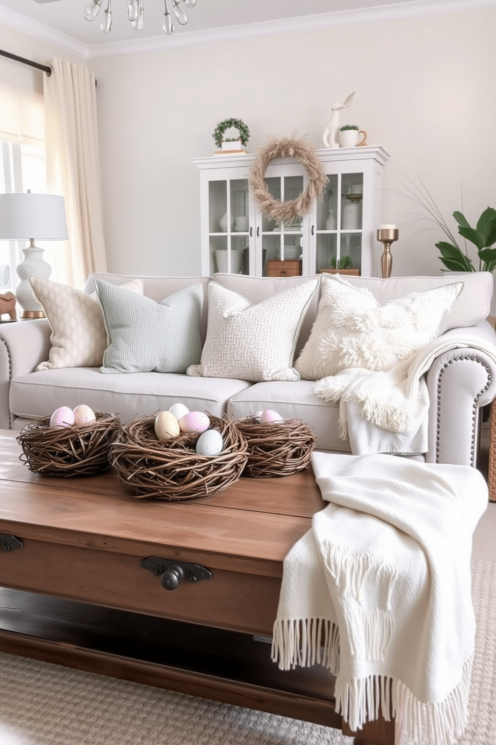 A charming living room adorned for Easter, featuring decorative egg nests artfully placed on a rustic coffee table. Soft pastel colors dominate the decor, with plush cushions and a light throw draped over a stylish sofa, creating a warm and inviting atmosphere.