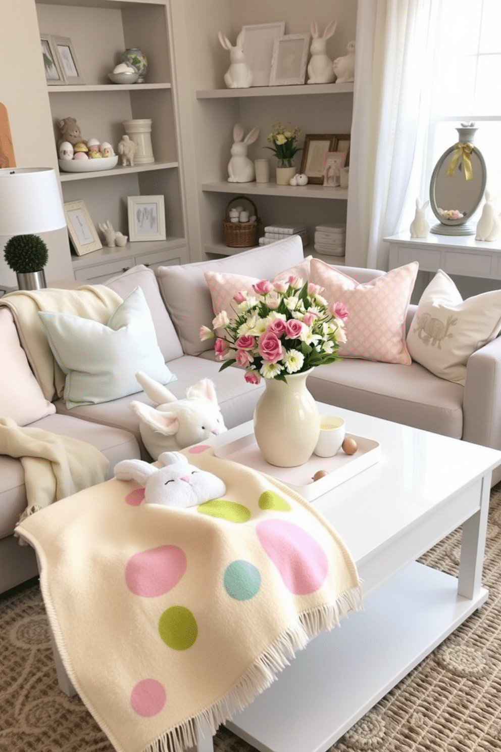 A cozy living room adorned with Easter-themed throw blankets in pastel colors, featuring soft bunnies and colorful eggs. The blankets are draped over a plush, light gray sofa, complemented by decorative pillows in coordinating hues. In the background, a coffee table is set with a charming centerpiece of spring flowers in a pastel vase. Easter-themed decor, such as painted eggs and small bunny figurines, is tastefully arranged on shelves and side tables to enhance the festive atmosphere.