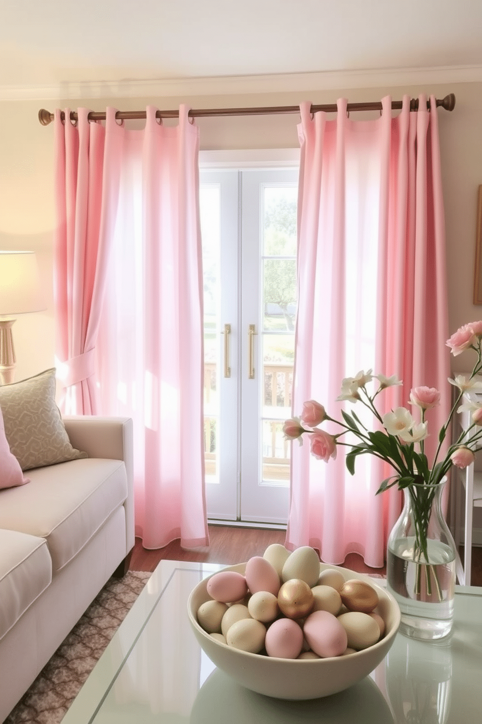 A bright and airy living room adorned with pastel-colored curtains that gently filter the sunlight, creating a soft glow throughout the space. The curtains drape elegantly from a polished wooden rod, complementing the light-colored walls and enhancing the cheerful atmosphere. For Easter decorating, the room features a whimsical arrangement of pastel accents, including decorative eggs nestled in a stylish bowl on the coffee table. Fresh flowers in soft hues are displayed in a vase, adding a touch of springtime charm to the overall decor.