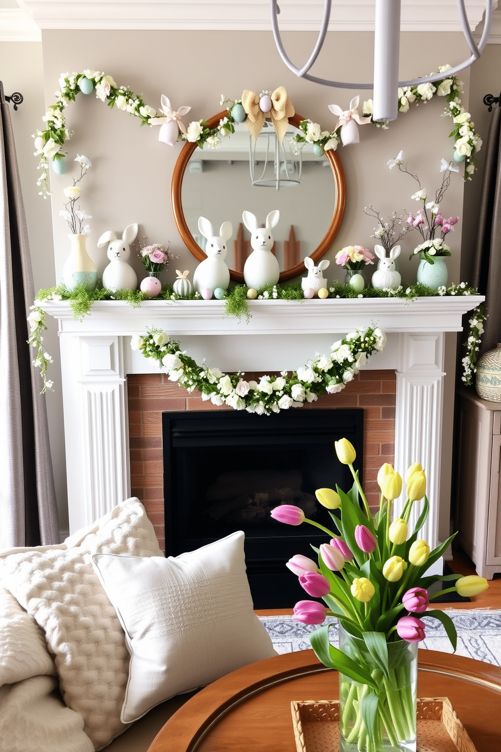 A charming Easter-themed mantel display adorned with pastel-colored eggs and delicate floral arrangements. Soft bunny figurines and whimsical garlands hang gracefully, creating a festive yet elegant atmosphere. In the living room, a cozy arrangement of springtime pillows and a light, airy throw blanket invite relaxation. A large vase filled with fresh tulips sits on the coffee table, complementing the cheerful decorations on the mantel.