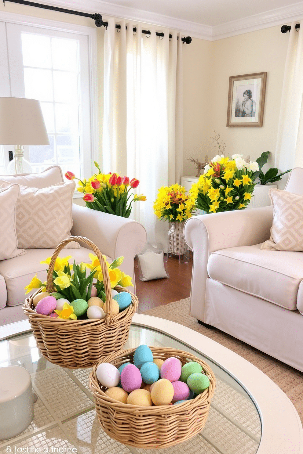 A cozy living room adorned with spring-themed decorative baskets filled with vibrant flowers and pastel-colored eggs, creating a festive atmosphere. The baskets are placed strategically around the room, complementing the soft, light-colored furniture and brightening the space with seasonal charm. In one corner, a large woven basket overflows with faux tulips and daffodils, while a smaller basket on the coffee table holds colorful Easter eggs. The walls are painted in a soft cream, and a light, airy fabric drapes over the windows, allowing natural light to flood the room and enhance the cheerful decor.