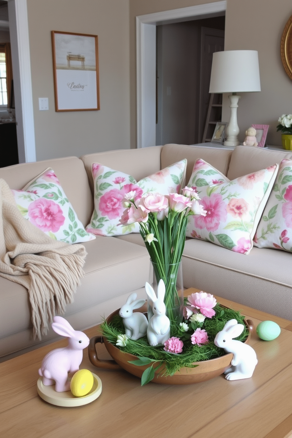 A cozy living room adorned with floral-patterned throw pillows in vibrant hues, adding a touch of spring charm. The pillows are arranged on a plush, neutral-colored sofa, complemented by a soft, woven throw blanket draped casually over one arm. Easter decorations bring a festive spirit to the space, featuring pastel-colored accents and delicate bunny figurines placed on the coffee table. A cheerful centerpiece of fresh flowers in a decorative vase completes the inviting atmosphere, perfect for gatherings with family and friends.