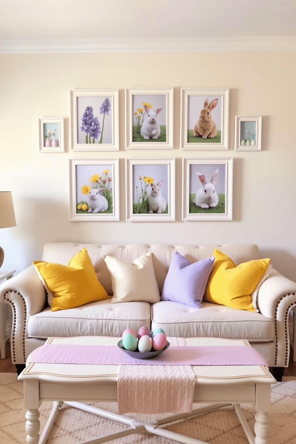 A charming living room adorned with Easter-themed picture frames, showcasing pastel-colored images of spring flowers and playful bunnies. The frames are arranged in a gallery style on a soft, light-colored wall, creating a festive focal point. A cozy seating area features a plush, cream-colored sofa accented with vibrant throw pillows in shades of yellow and lavender. A decorative coffee table is topped with a pastel table runner, and a few carefully placed Easter eggs add a whimsical touch to the decor.