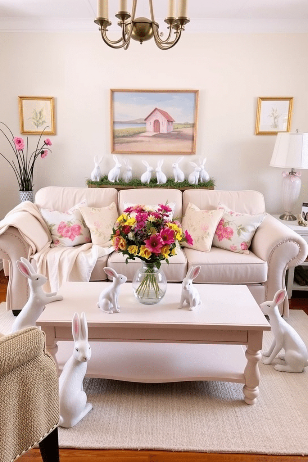 A charming living room adorned for Easter, featuring decorative bunny statues positioned playfully around the space. The color palette includes soft pastels, with a cozy sofa draped in a light throw and surrounded by floral cushions. On the coffee table, a centerpiece of vibrant spring flowers complements the bunny statues, creating a festive atmosphere. The walls are adorned with cheerful artwork, and a light, airy rug anchors the seating area, inviting relaxation and celebration.