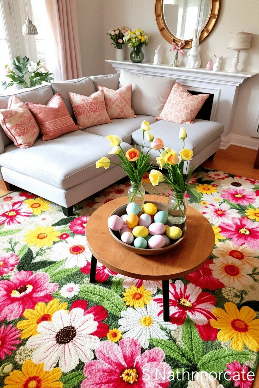 A vibrant living room adorned with a floral-themed area rug that features a mix of colorful blooms in shades of pink, yellow, and green. The rug is placed under a cozy seating arrangement of a light gray sectional sofa and a round wooden coffee table, creating a cheerful and inviting atmosphere. Easter decorations enhance the space, with pastel-colored eggs artfully arranged in a decorative bowl on the coffee table. Fresh spring flowers in a glass vase add a touch of nature, while whimsical bunny figurines are placed on the mantle, celebrating the festive spirit of the season.