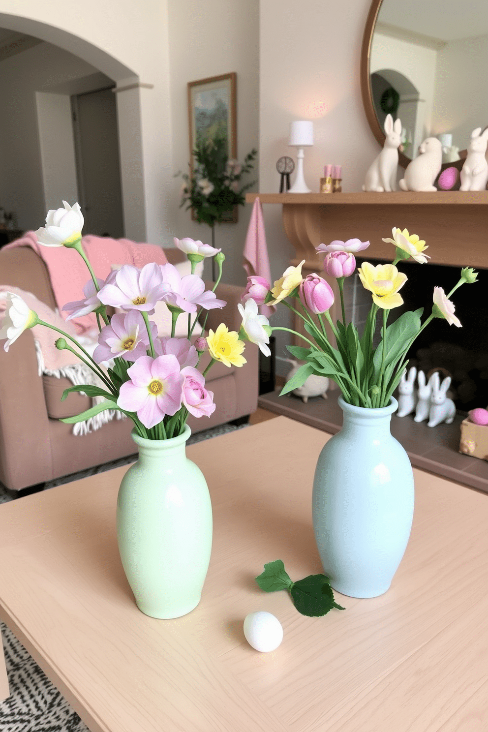 A cozy living room adorned for Easter, featuring pastel-colored vases filled with fresh spring flowers. The vases are strategically placed on a light wooden coffee table, complementing the soft hues of the decor around the room. In the background, a plush sofa draped with pastel throw blankets invites relaxation. Easter-themed decorations, like delicate eggs and bunny figurines, are artfully arranged on the mantelpiece, enhancing the festive atmosphere.