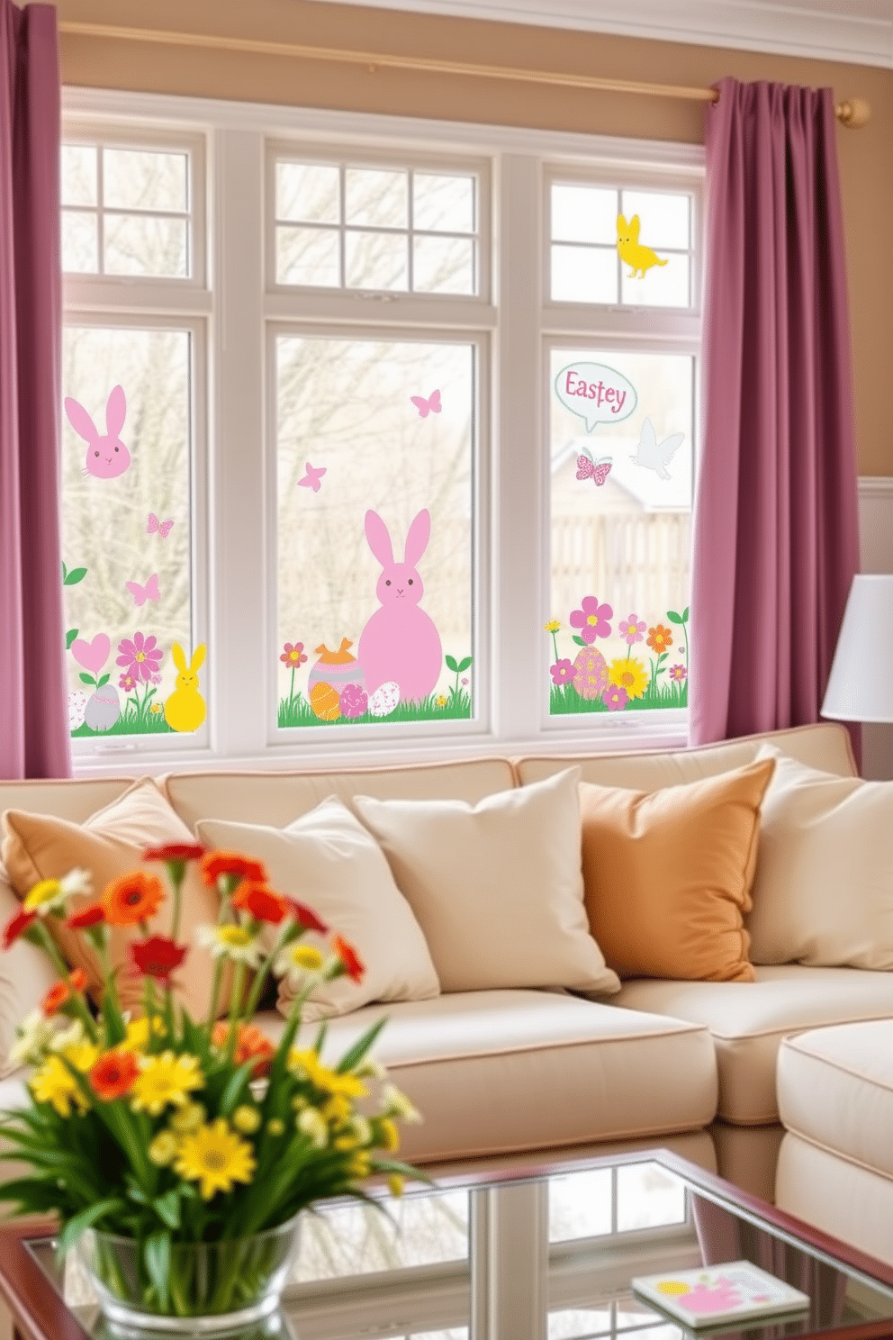 A cheerful living room adorned with Easter-themed window clings featuring colorful bunnies, eggs, and spring flowers. The clings create a festive atmosphere, complementing the soft pastel-colored cushions on the sofa and a vibrant floral arrangement on the coffee table.