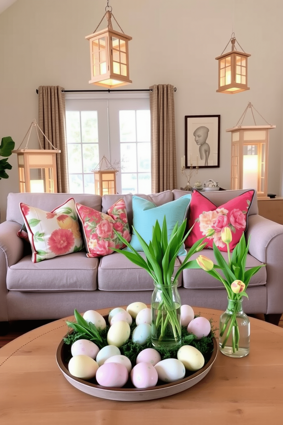 A cozy living room adorned with spring-themed lanterns. The lanterns are crafted from light wood and feature pastel-colored glass panels, casting a warm glow throughout the space. Brightly colored throw pillows in floral patterns are arranged on a plush, neutral sofa. A coffee table is set with a decorative tray of Easter eggs and fresh tulips in a clear vase, creating a festive atmosphere.