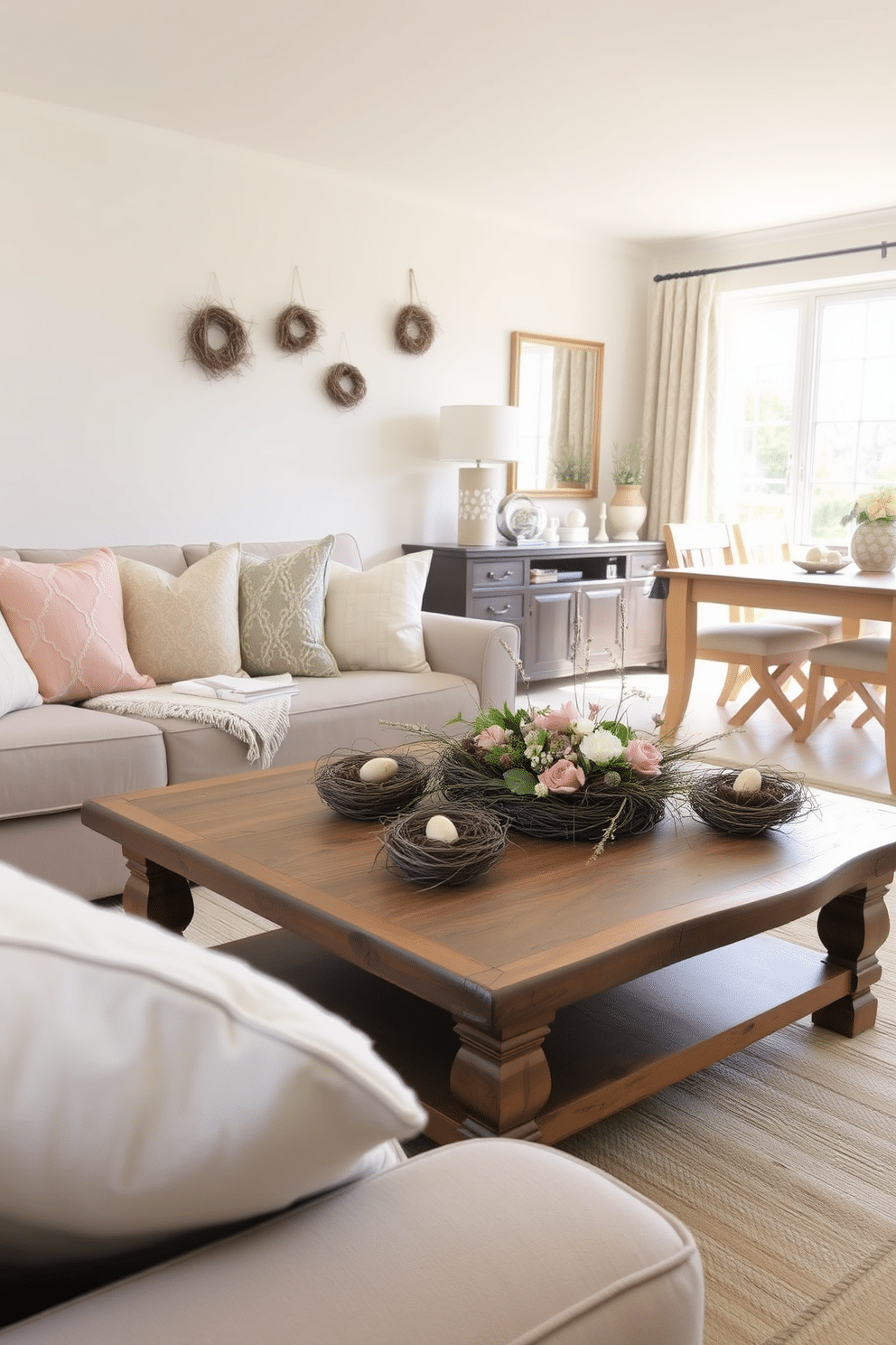 A cozy living room adorned with decorative bird nests, artfully arranged on a rustic wooden coffee table. Soft pastel accents, including cushions and throws, complement the natural elements, creating a warm and inviting atmosphere for Easter celebrations. The walls are painted in a light, airy hue, enhancing the brightness of the space. A large window allows natural light to flood in, illuminating a beautifully set dining area with a centerpiece featuring fresh flowers and small bird nests.