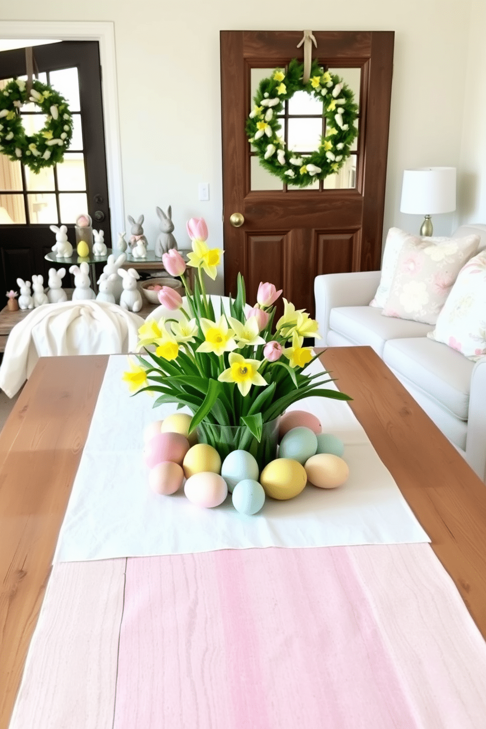 A charming Easter-themed centerpiece featuring a rustic wooden table adorned with a pastel-colored table runner. In the center, a large floral arrangement of tulips and daffodils is surrounded by decorative eggs in shades of pink, blue, and yellow. The living room is elegantly decorated for Easter, with a cozy sofa draped in a light, floral throw. A collection of bunny figurines and spring-themed cushions add a playful touch to the space, while a vibrant wreath hangs on the door to welcome guests.