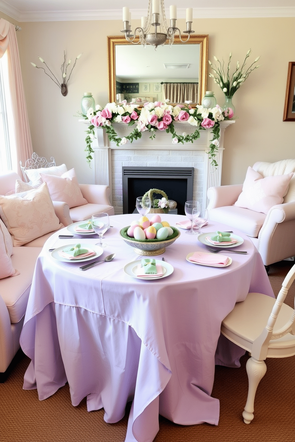 A charming living room adorned for Easter, featuring a pastel-colored table setting. The table is elegantly dressed with a soft lavender tablecloth, complemented by delicate pink and mint green dinnerware, and adorned with fresh spring flowers in soft hues. Brightly colored Easter eggs are artistically arranged in a decorative bowl at the center of the table. Surrounding the space are cozy seating arrangements, with pastel throw pillows and a cheerful garland of faux flowers draping across the mantelpiece.