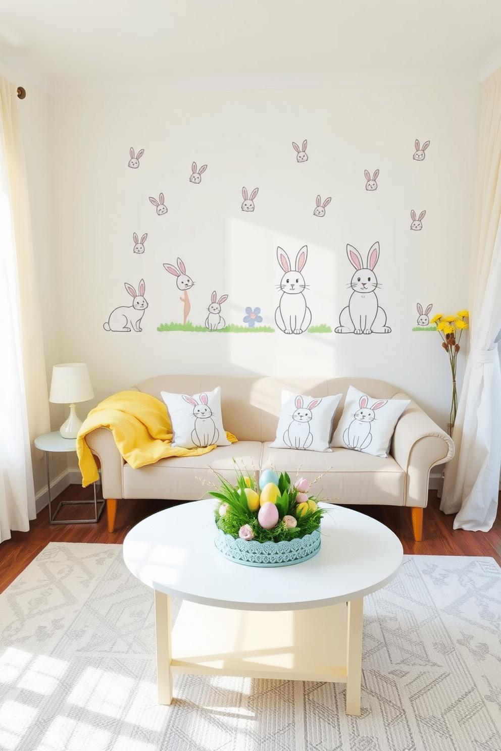 A whimsical living room adorned with bunny-themed wall decals, bringing a playful touch to the space. Soft pastel colors dominate the decor, with a cozy sofa draped in a light yellow throw and surrounded by decorative pillows featuring bunny motifs. A cheerful coffee table is set with a vibrant Easter centerpiece, including colorful eggs and fresh flowers. The room is illuminated by natural light streaming through sheer curtains, enhancing the festive atmosphere.