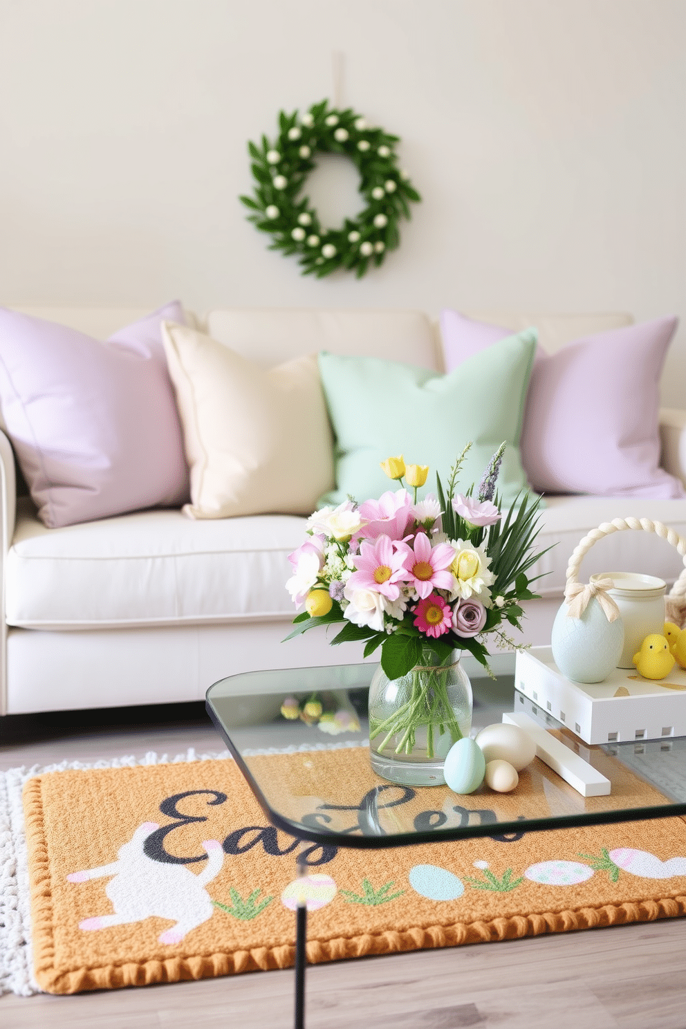 A charming Easter-themed doormat welcomes guests with a playful design featuring pastel-colored eggs and cheerful bunnies. The mat is made of durable coir, perfect for withstanding outdoor elements while adding a festive touch to the entryway. In the living room, a cozy arrangement includes a soft, light-colored sofa adorned with throw pillows in shades of lavender and mint green. A centerpiece of vibrant spring flowers in a decorative vase sits on a coffee table, surrounded by Easter-themed decorations like small ceramic chicks and colorful egg garlands.