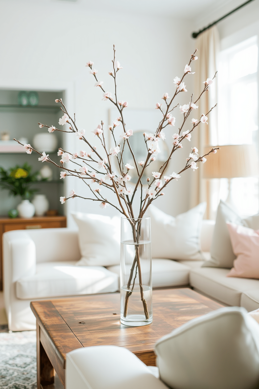 A bright and airy living room adorned with decorative spring branches elegantly displayed in a tall, clear glass vase. The branches, featuring delicate blossoms in shades of pink and white, create a cheerful focal point on a rustic wooden coffee table surrounded by soft, pastel-colored cushions.