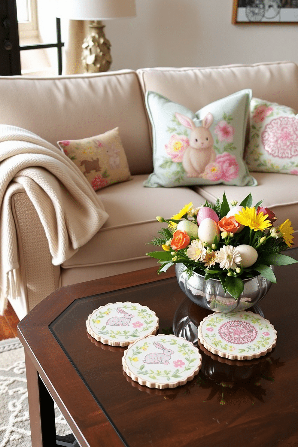 A set of beautifully designed Easter-themed coasters featuring pastel colors and intricate floral patterns. Each coaster showcases a unique design, including bunnies, eggs, and spring flowers, adding a festive touch to your living room decor. In the living room, a cozy arrangement with a plush sofa adorned with Easter-themed cushions creates a welcoming atmosphere. A soft, light-colored throw blanket drapes over the armrest, while a decorative coffee table displays a centerpiece of fresh spring blooms and colorful Easter eggs.