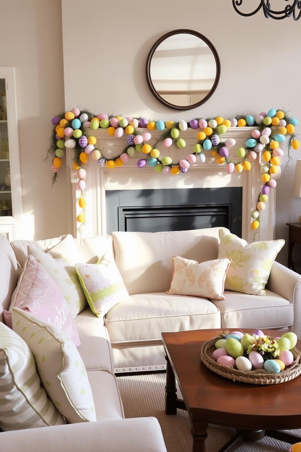 A cozy living room adorned with vibrant Easter egg garlands draped elegantly across the mantelpiece. The garlands feature an array of pastel colors and intricate designs, adding a festive touch to the warm, inviting space. Soft, plush cushions in spring-themed patterns are scattered across a light-colored sofa, creating a comfortable seating area. A coffee table, decorated with a floral centerpiece and colorful Easter eggs, complements the cheerful atmosphere of the room.