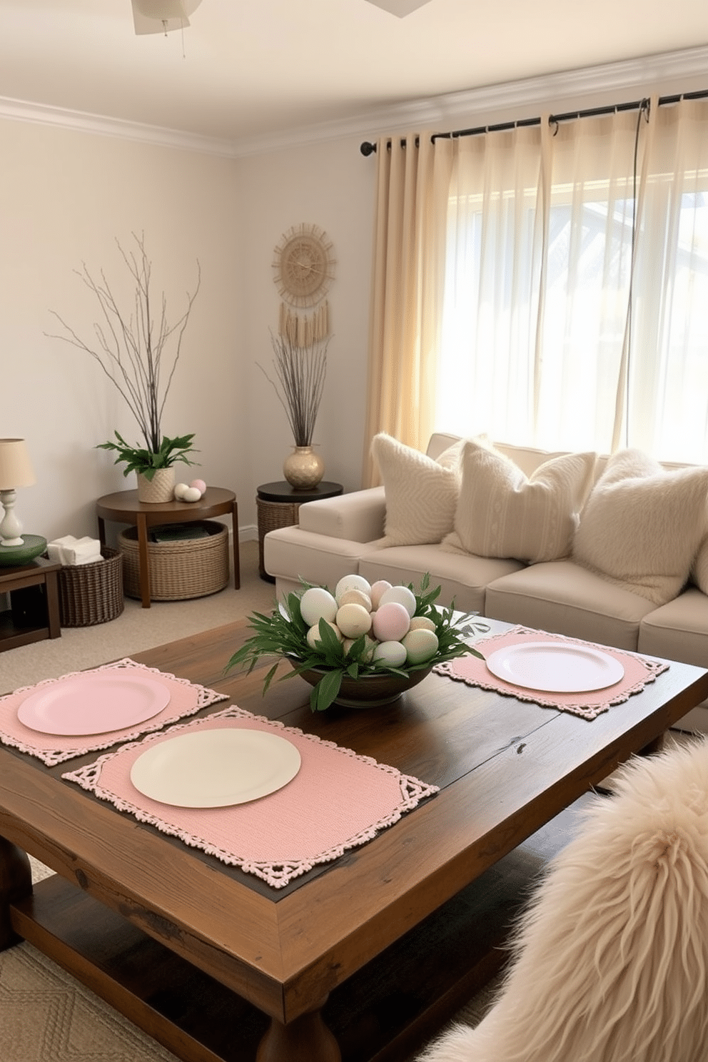 A cozy living room adorned for Easter, featuring pastel-colored placemats elegantly set on a rustic wooden coffee table. The space is illuminated by soft, natural light streaming through sheer curtains, highlighting decorative elements like a pastel-themed centerpiece and plush throw pillows.