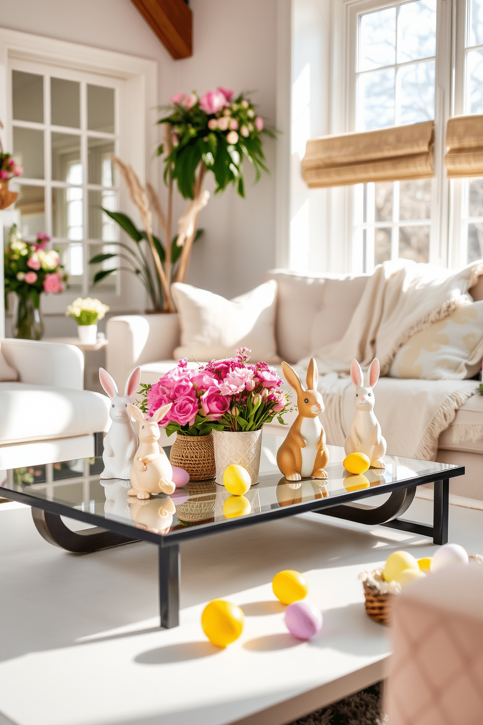 A charming living room decorated for Easter features a stylish coffee table adorned with whimsical bunny figurines in various poses. The soft pastel color palette of the room is complemented by floral arrangements and cheerful cushions, creating a warm and inviting atmosphere. In the background, a cozy sofa is draped with a light throw blanket, while colorful Easter eggs are artfully scattered around the space. Natural light streams in through large windows, enhancing the cheerful ambiance and highlighting the delightful decor.