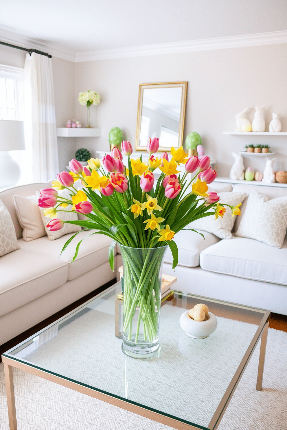 A bright and airy living room adorned with spring flower arrangements in elegant vases. The space features a cozy sectional sofa in soft pastels, complemented by pastel throw pillows and a light, textured area rug. On the coffee table, a large vase filled with vibrant tulips and daffodils creates a cheerful focal point. Easter decorations, such as delicate bunny figurines and pastel-colored eggs, are artfully arranged on shelves and side tables, enhancing the festive atmosphere.