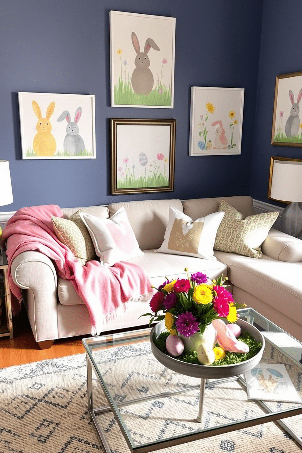 A vibrant living room adorned with Easter-themed wall art. The walls are decorated with colorful, playful prints featuring bunnies, eggs, and spring flowers, creating a cheerful and festive atmosphere. A cozy seating arrangement includes a plush sofa draped with pastel-colored throw blankets. Decorative pillows with Easter motifs add a pop of color, while a coffee table is set with a centerpiece of fresh flowers and Easter-themed decor.