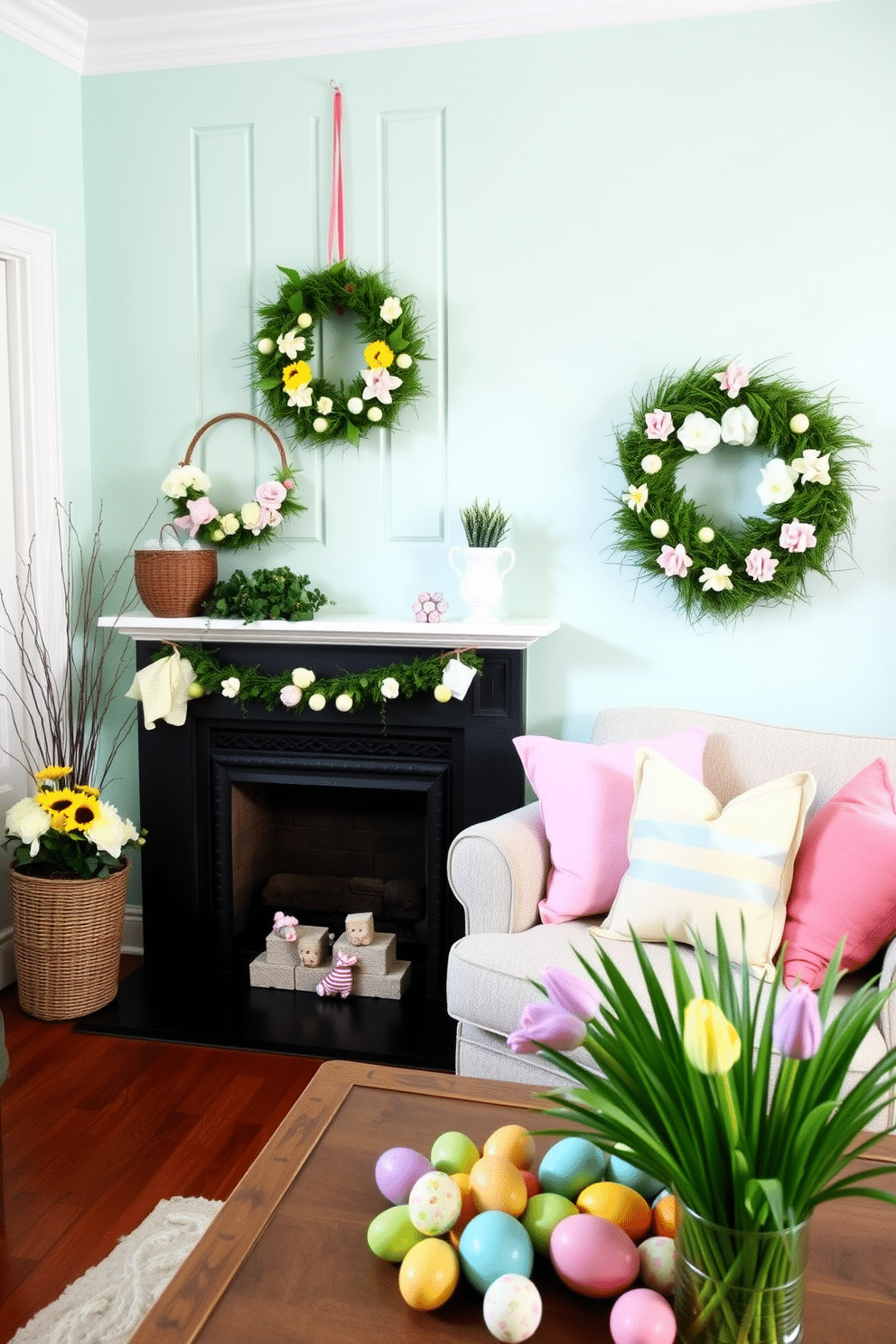 A vibrant living room adorned with decorative Easter wreaths hanging on the front door and above the fireplace. The space features a cozy arrangement of pastel-colored cushions on a plush sofa, complemented by a coffee table displaying an assortment of colorful Easter eggs and fresh spring flowers.