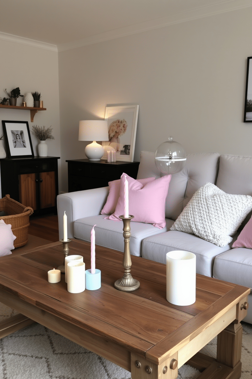 A cozy living room adorned for Easter, featuring an array of pastel-colored candles in varying heights placed on a rustic wooden coffee table. Soft, plush cushions in pastel shades are scattered across a light gray sectional sofa, while a delicate floral arrangement in a ceramic vase adds a touch of spring to the space.