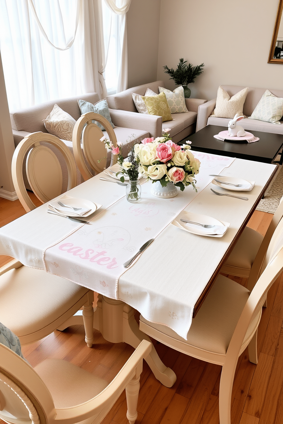 A beautifully set dining table adorned with a pastel-colored Easter-themed table runner, featuring delicate floral patterns and subtle hints of gold. The table is surrounded by elegant chairs, and a centerpiece of fresh spring flowers adds a touch of vibrancy. In the living room, a cozy arrangement includes decorative pillows in soft Easter hues and a playful bunny figurine on the coffee table. The space is enhanced by light, airy curtains that flutter gently, allowing natural light to illuminate the cheerful decorations.