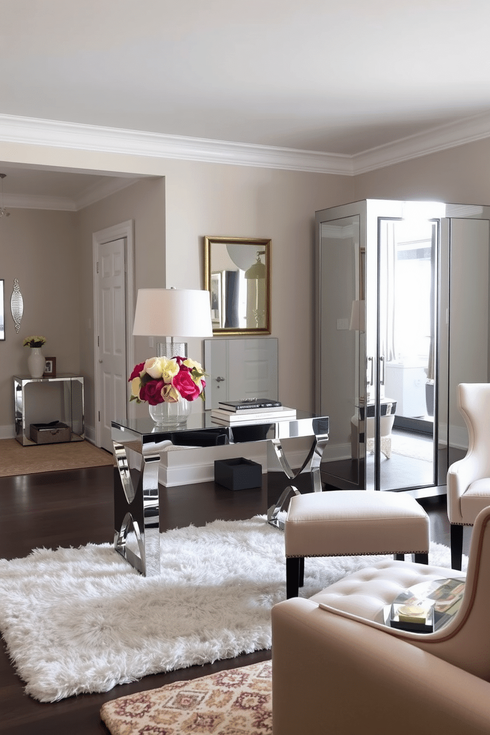 A stylish living room entryway features mirrored furniture that reflects light and creates an illusion of a larger space. The centerpiece is a sleek mirrored console table adorned with a decorative lamp and a vibrant floral arrangement, complemented by a plush area rug beneath. To the side, a full-length mirrored cabinet provides both storage and a touch of elegance, while a pair of chic accent chairs invite guests to sit. The walls are painted in a soft, neutral tone, enhancing the brightness and openness of the entryway.