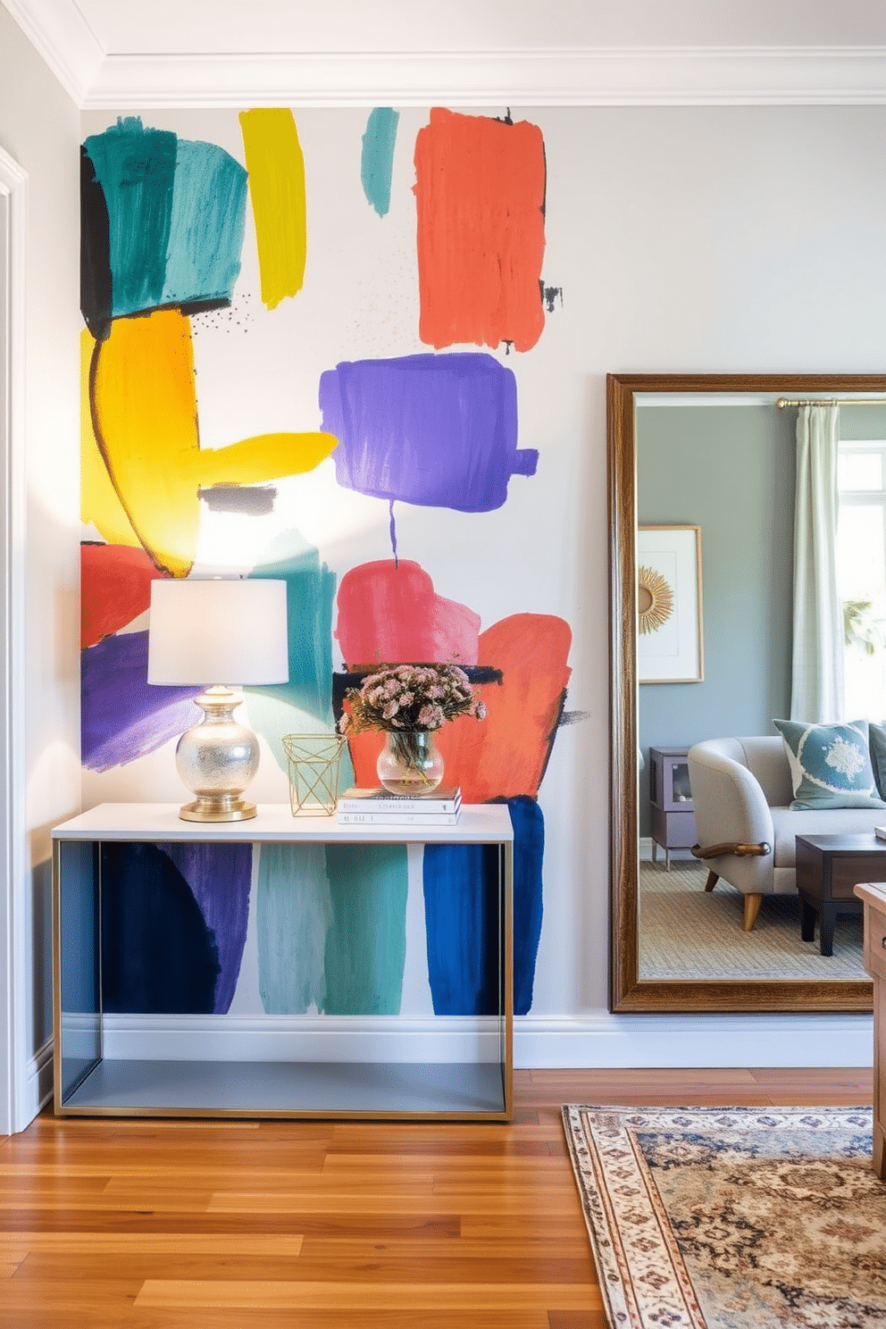 Artistic wall mural as a focal point. The mural features vibrant colors and abstract shapes, drawing the eye and setting a creative tone for the space. Living Room Entryway Design Ideas. A sleek console table with a modern lamp sits against the wall, while a large mirror reflects natural light, creating an inviting atmosphere.