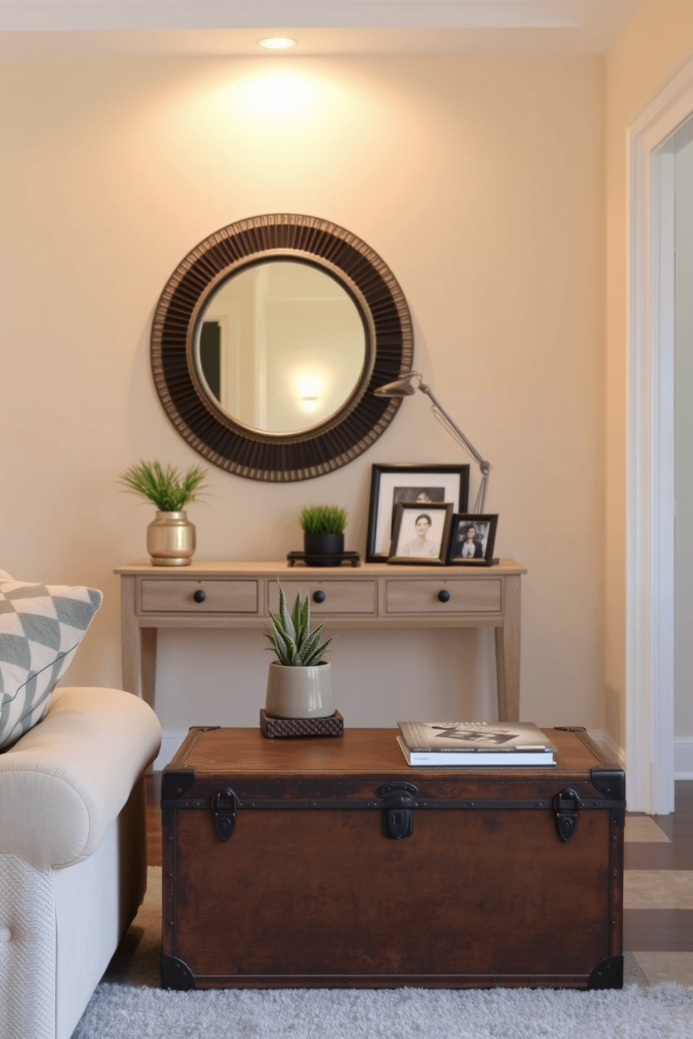 A vintage trunk serves as a stylish storage solution in the living room, adding character and a touch of nostalgia. It is placed at the foot of a plush sofa, surrounded by warm, ambient lighting that highlights the trunk's weathered patina. The entryway features a chic console table adorned with decorative items, including a small potted plant and framed photographs. A statement mirror hangs above the table, reflecting the soft hues of the walls and creating an inviting atmosphere.