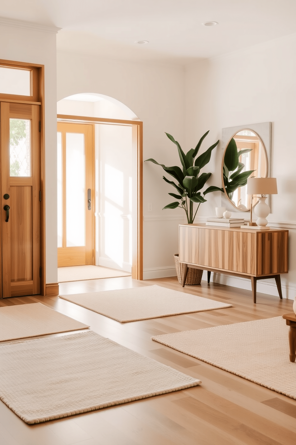 A welcoming living room entryway features a neutral palette enhanced by warm wood tones. The space includes a sleek wooden console table against the wall, adorned with a stylish lamp and a few curated decorative objects. Soft, textured rugs in light beige anchor the area, while a large potted plant adds a touch of greenery. The walls are painted in a soft cream, creating a bright, airy atmosphere that invites relaxation.