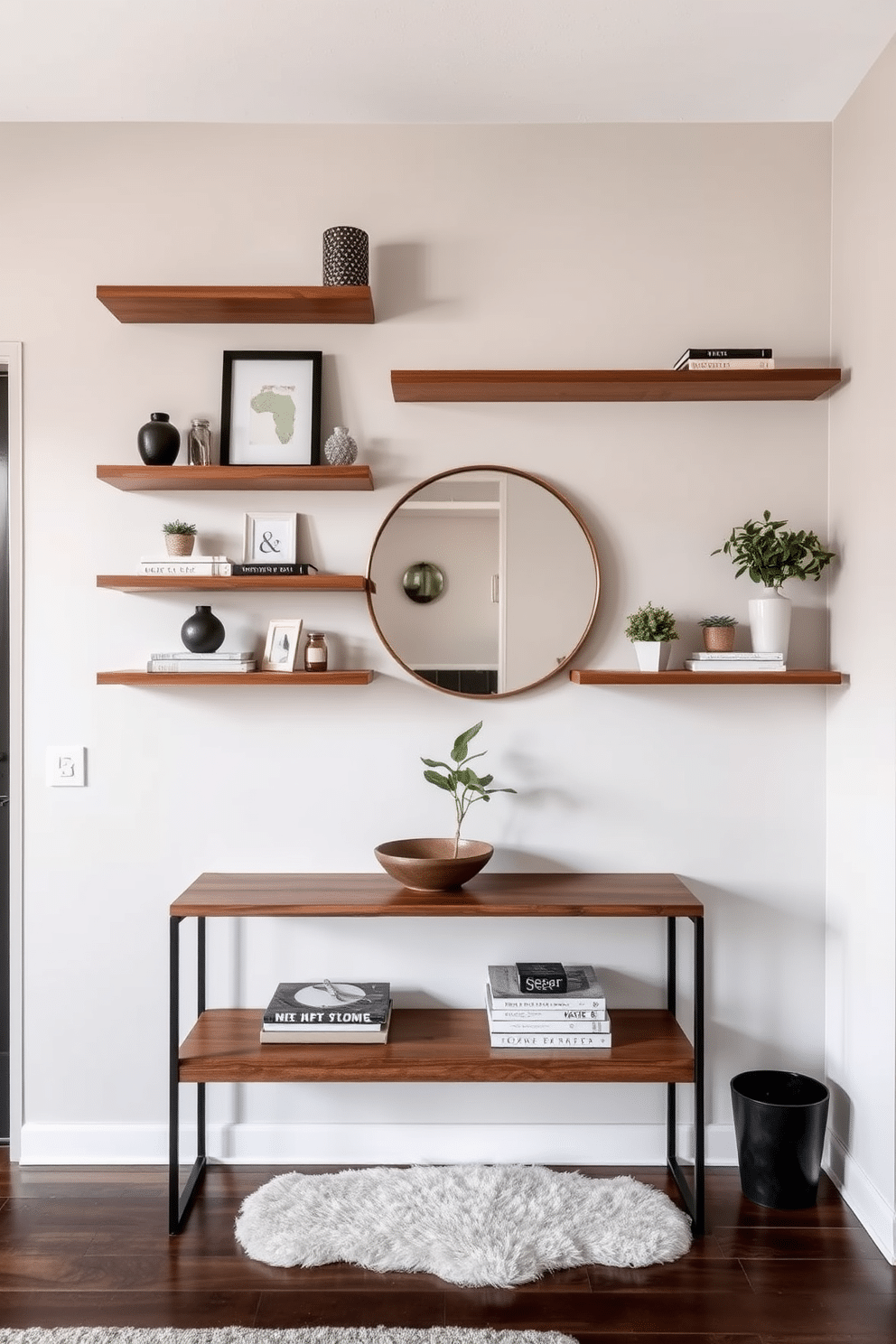 Sleek floating shelves adorn the living room wall, showcasing an array of curated decor items, books, and plants. The shelves are made of polished wood, seamlessly integrated into the modern aesthetic of the space, enhancing the open and airy feel. The entryway features a stylish console table beneath a large round mirror, creating a welcoming atmosphere. A decorative bowl and a small potted plant sit atop the table, while a soft area rug adds warmth to the space, inviting guests into the home.