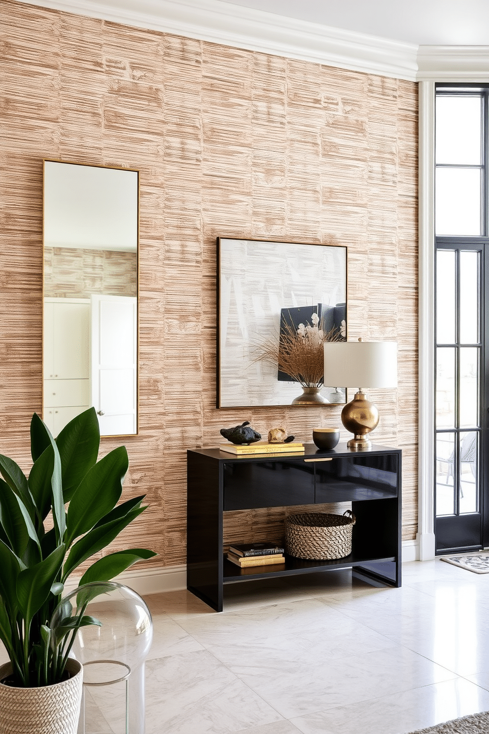 A stylish living room entryway features textured wallpaper that adds depth and visual interest, creating a warm and inviting atmosphere. The space is adorned with a sleek console table, topped with decorative accents, and a large mirror that reflects natural light, enhancing the overall ambiance.