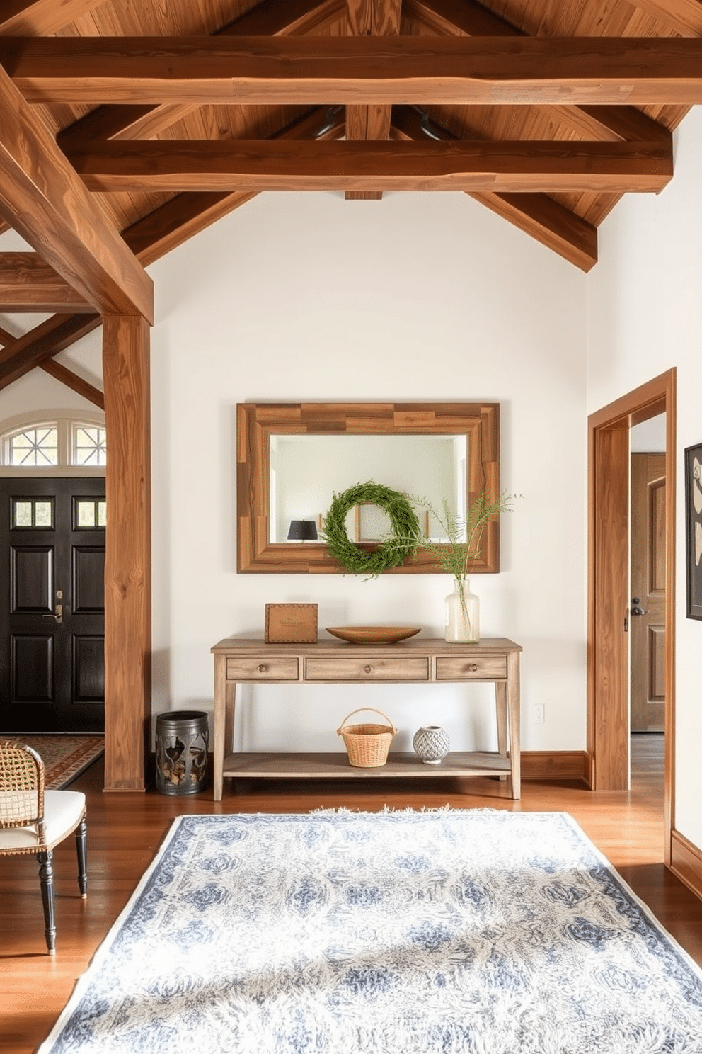 A warm and inviting living room entryway features rustic wooden beams that stretch across the ceiling, enhancing the cozy atmosphere. The space is adorned with a plush area rug, a vintage console table, and a large mirror framed in reclaimed wood, creating a welcoming focal point.