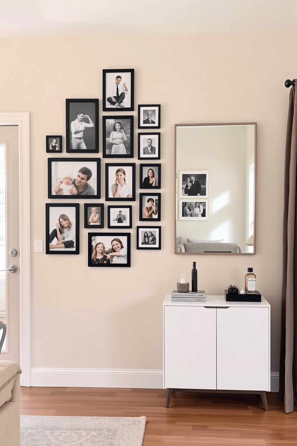 A gallery wall adorned with a collection of framed family photos in various sizes and styles. The wall is painted a soft cream color, providing a warm backdrop that enhances the personal touch of the images. For the living room entryway, envision a stylish console table with a sleek design, topped with decorative objects and a small potted plant. The entryway features a large mirror above the table, reflecting natural light from a nearby window, creating an inviting atmosphere.