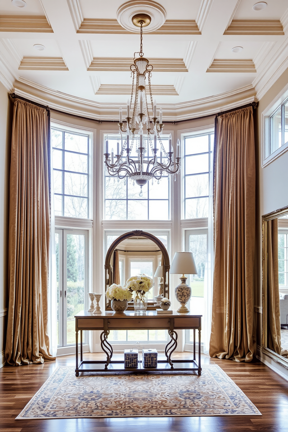 Elegant drapery to frame windows. Luxurious floor-to-ceiling curtains in a rich velvet fabric, with a soft, neutral color, elegantly cascade to the floor and are complemented by ornate tiebacks. Living Room Entryway Design Ideas. A spacious entryway features a grand chandelier hanging from a coffered ceiling, with a stylish console table adorned with decorative accents and a large mirror reflecting natural light.