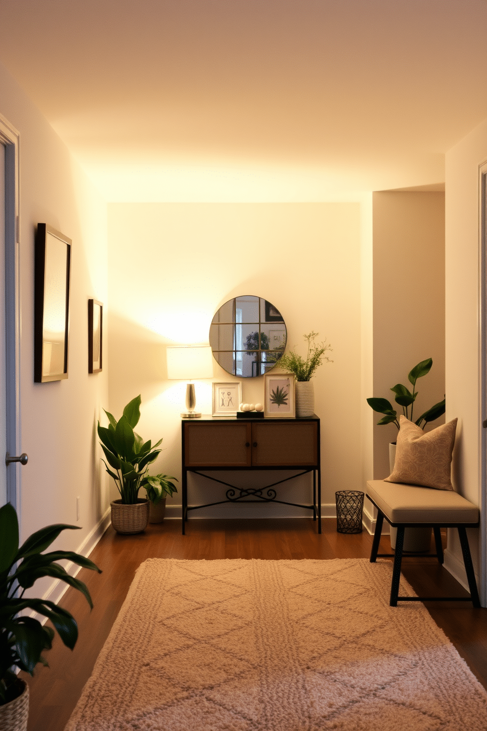 A cozy living room entryway features soft, ambient lighting that casts a warm glow throughout the space. The walls are adorned with neutral tones, complemented by a plush area rug that invites guests into the room. A stylish console table sits against the wall, topped with decorative items and a small lamp that enhances the inviting atmosphere. Potted plants in the corners add a touch of greenery, while a comfortable bench provides seating for guests as they enter.