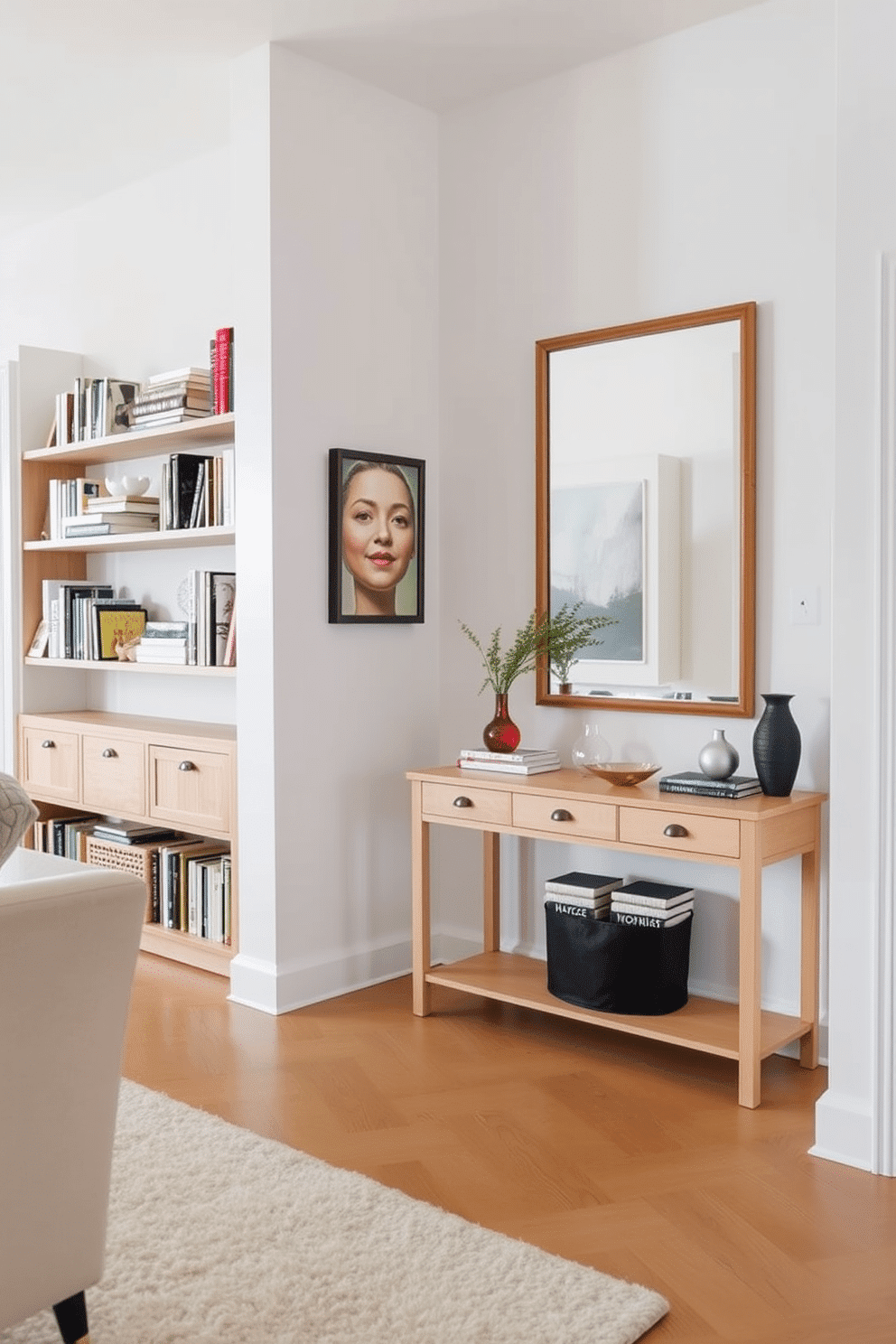 A welcoming living room entryway features open shelving along one wall, showcasing a curated selection of books and decorative items for easy access. The shelves are made of natural wood, complemented by a soft area rug that adds warmth to the space, while a stylish console table sits beneath a large mirror reflecting the inviting atmosphere.