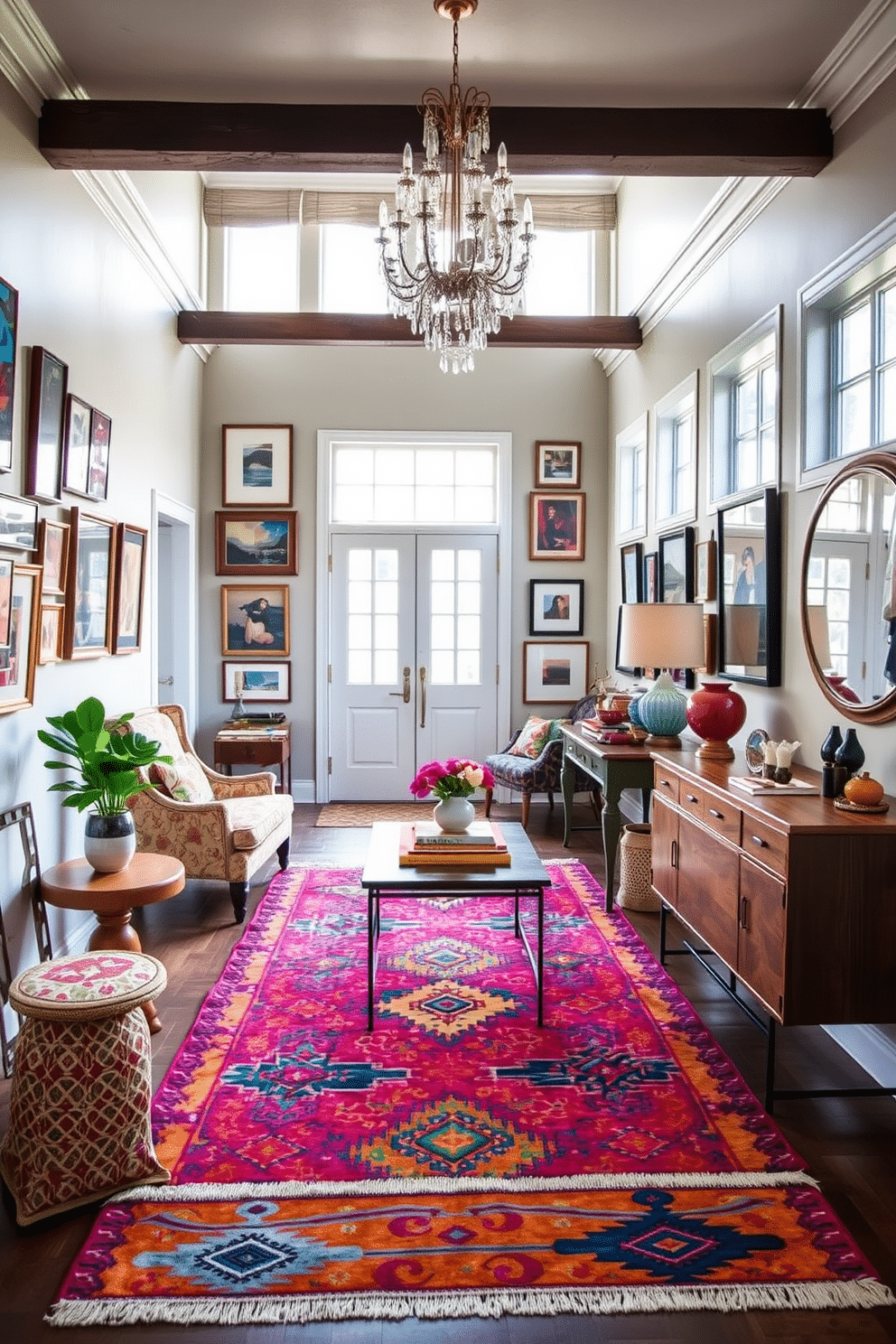 An eclectic living room entryway features a vibrant mix of furniture styles, including a vintage armchair, a modern coffee table, and a rustic console. The walls are adorned with a gallery of framed artwork, while a bold area rug ties the space together with its colorful patterns. Natural light floods the entryway through large windows, illuminating the unique decor pieces that reflect the homeowner's personality. A statement chandelier hangs from the ceiling, adding an artistic touch to the overall design.