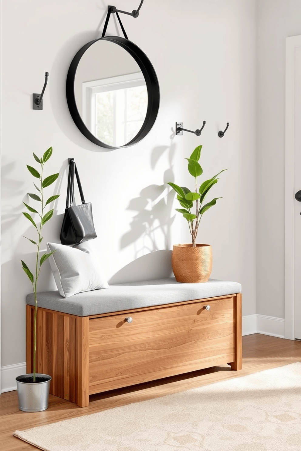 A functional entryway bench with storage features a sleek design, crafted from warm oak wood, with a cushioned seat upholstered in a soft gray fabric. Above the bench, a large round mirror with a minimalist black frame reflects natural light, while a series of hooks on the wall provide space for coats and bags. Incorporating greenery, a tall potted plant stands beside the bench, adding a touch of freshness to the space. The floor is adorned with a stylish geometric rug that complements the color palette, enhancing the overall inviting atmosphere of the entryway.