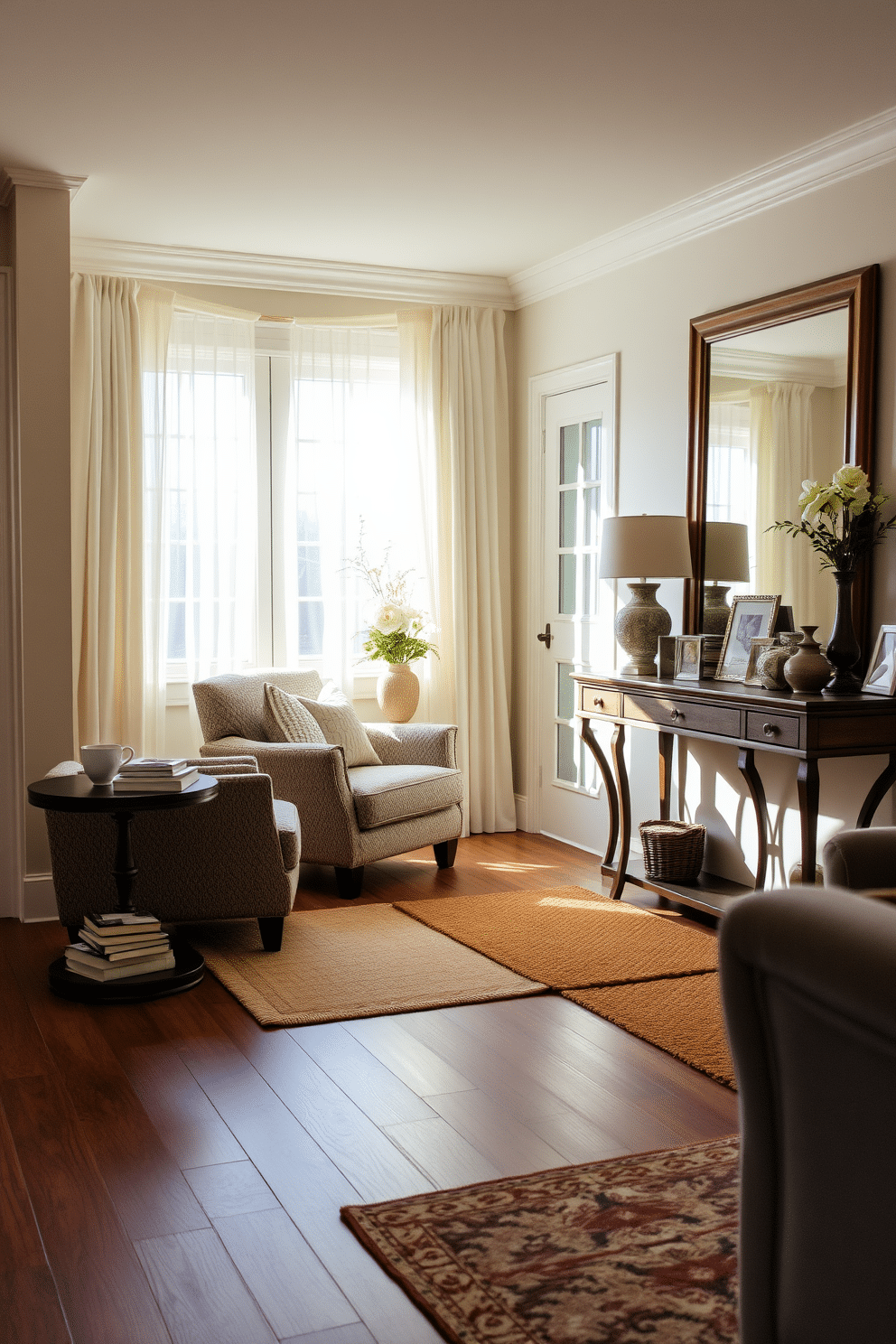 A cozy reading nook by the window features a plush armchair upholstered in soft, textured fabric, nestled in a sun-drenched corner. A small side table holds a steaming cup of tea and a stack of well-loved books, while sheer curtains allow gentle light to filter through. The living room entryway is designed with an inviting ambiance, showcasing a stylish console table adorned with decorative accents and a large mirror above it. A warm area rug anchors the space, complementing the neutral color palette of the walls and the rich wood flooring.