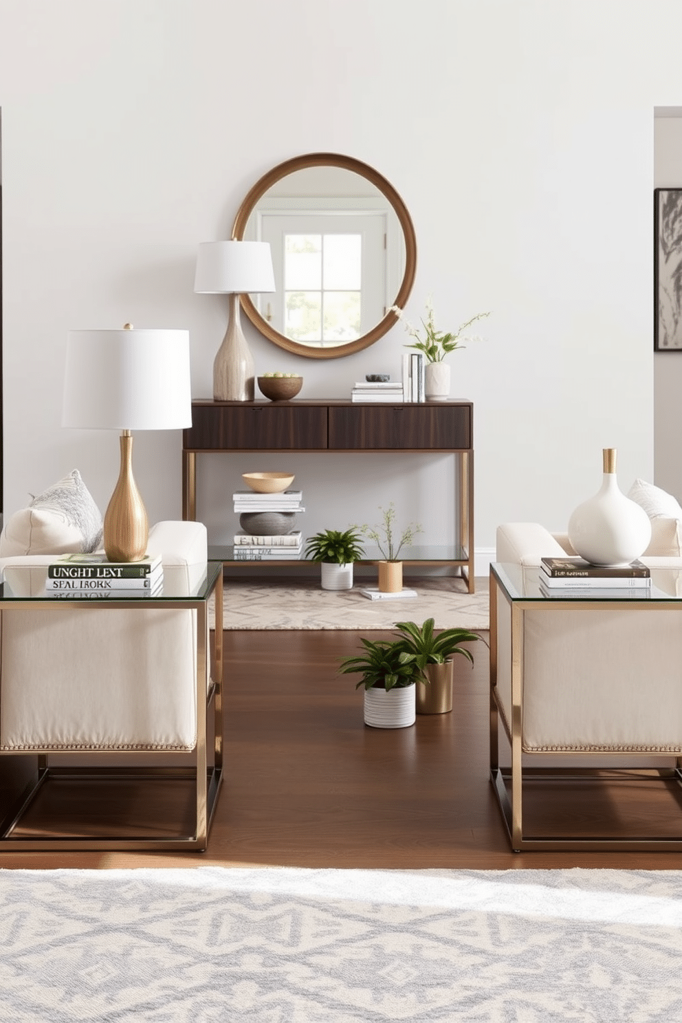 A pair of chic side tables flanks a plush sofa, crafted from sleek metal with a glass top that reflects natural light. Each table is adorned with a stylish lamp and a small stack of art books, creating an inviting and functional space for relaxation. The entryway features a modern console table with a minimalist design, topped with a statement mirror that enhances the sense of space. A soft area rug in a neutral tone anchors the area, while a few potted plants add a touch of greenery and warmth to welcome guests.