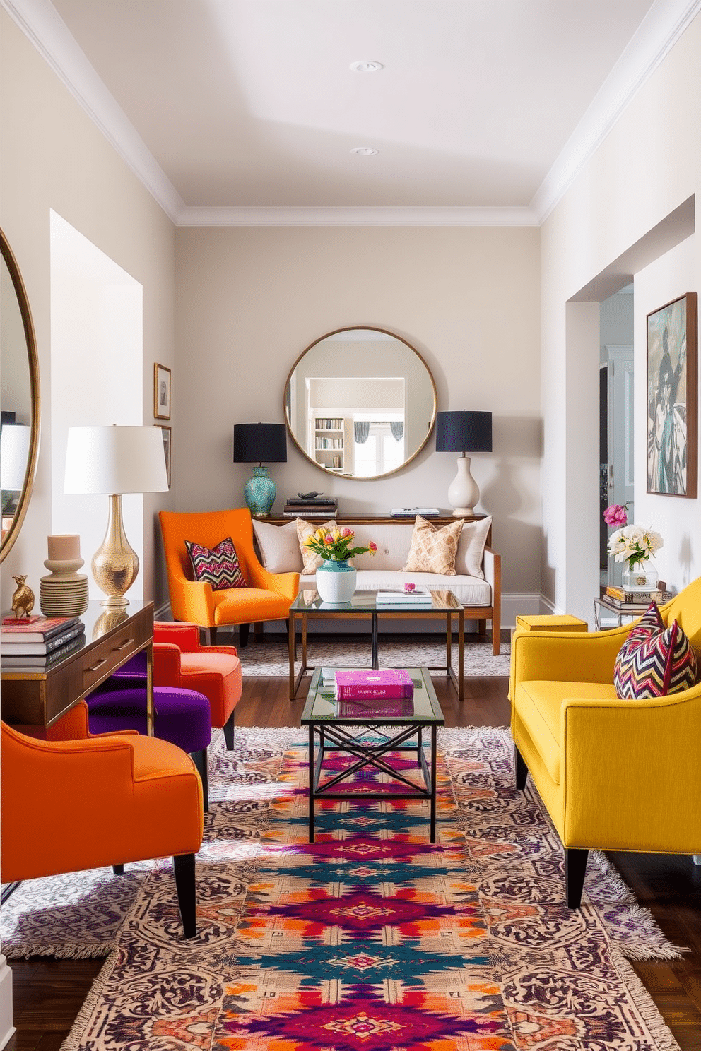 A stylish living room featuring bold accent chairs in bright colors that create a vibrant contrast against a neutral sofa. The space is adorned with a mix of textures, including a plush area rug underfoot and decorative throw pillows that complement the chairs. An inviting entryway designed with a statement console table and a large round mirror above it. The walls are painted in a soft hue, and a colorful runner rug leads to the main living area, enhancing the overall warmth and welcome of the space.