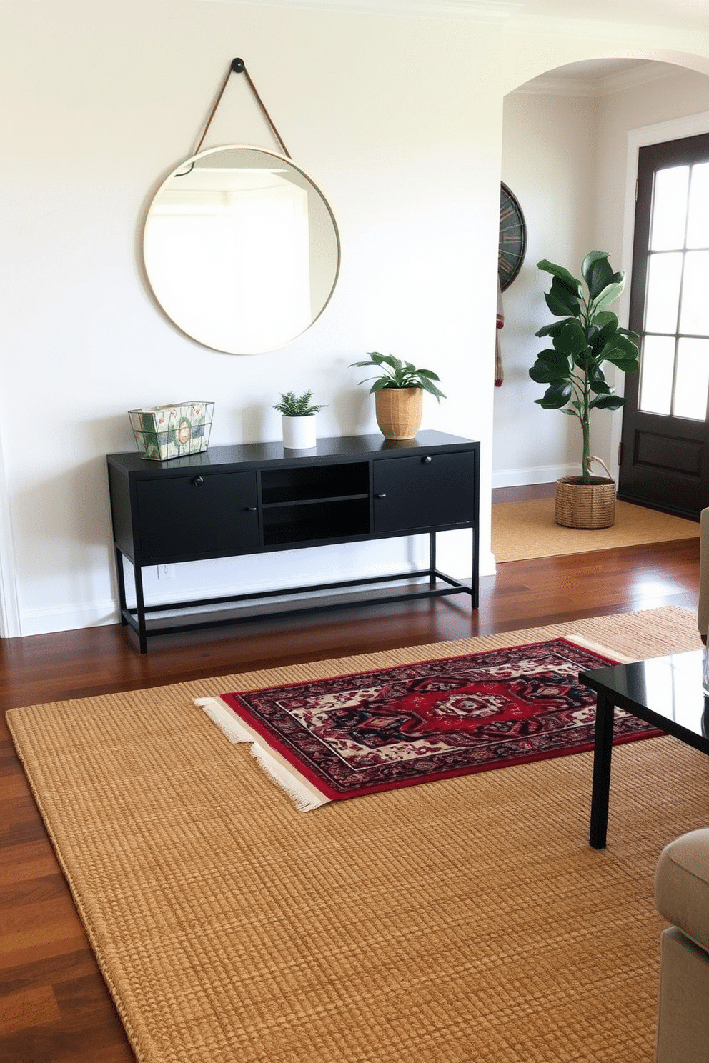 A cozy living room features layered rugs that add depth and texture to the space. The base rug is a large, neutral jute weave, topped with a smaller, colorful Persian rug that introduces warmth and character. The entryway design combines functionality with style, showcasing a sleek console table against the wall. Above the table, a round mirror reflects natural light, while a small potted plant adds a touch of greenery.