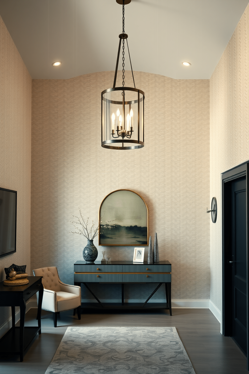 A stunning living room entryway features a statement lighting fixture that hangs elegantly above a plush seating arrangement. The walls are adorned with textured wallpaper in a soft neutral tone, while a stylish console table with decorative accents invites guests into the space.