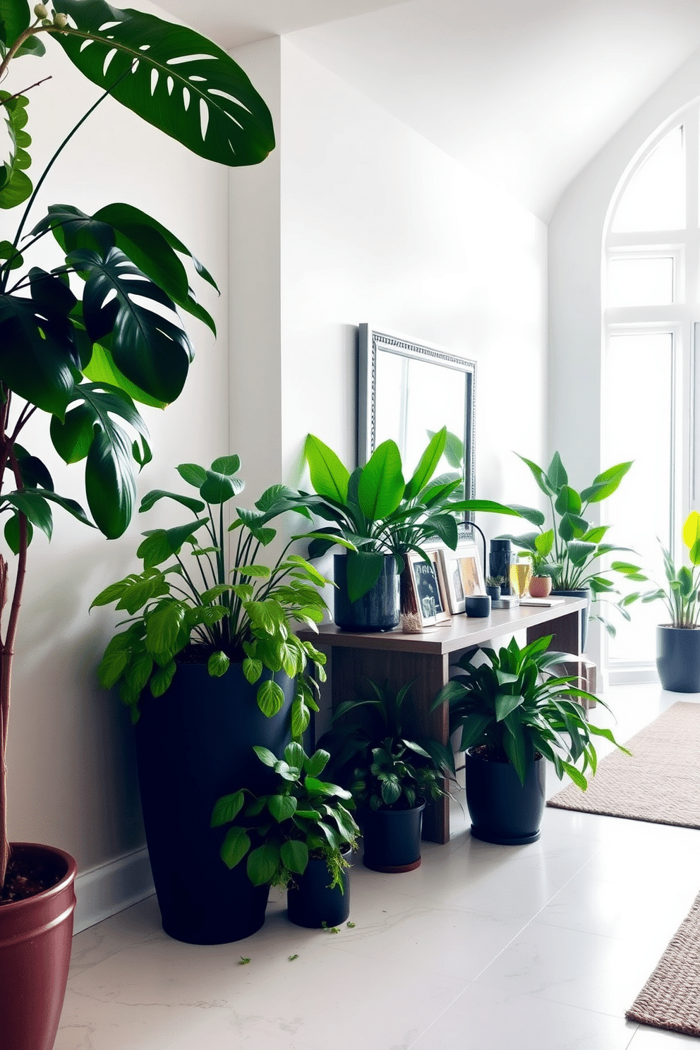 A vibrant living room filled with indoor plants creates a fresh and inviting atmosphere. Lush green foliage spills from stylish planters placed near a large window, enhancing the natural light that floods the space. The entryway features a sleek console table adorned with decorative items and a statement mirror. Potted plants flank the entrance, providing a warm welcome and a touch of nature to the home's first impression.