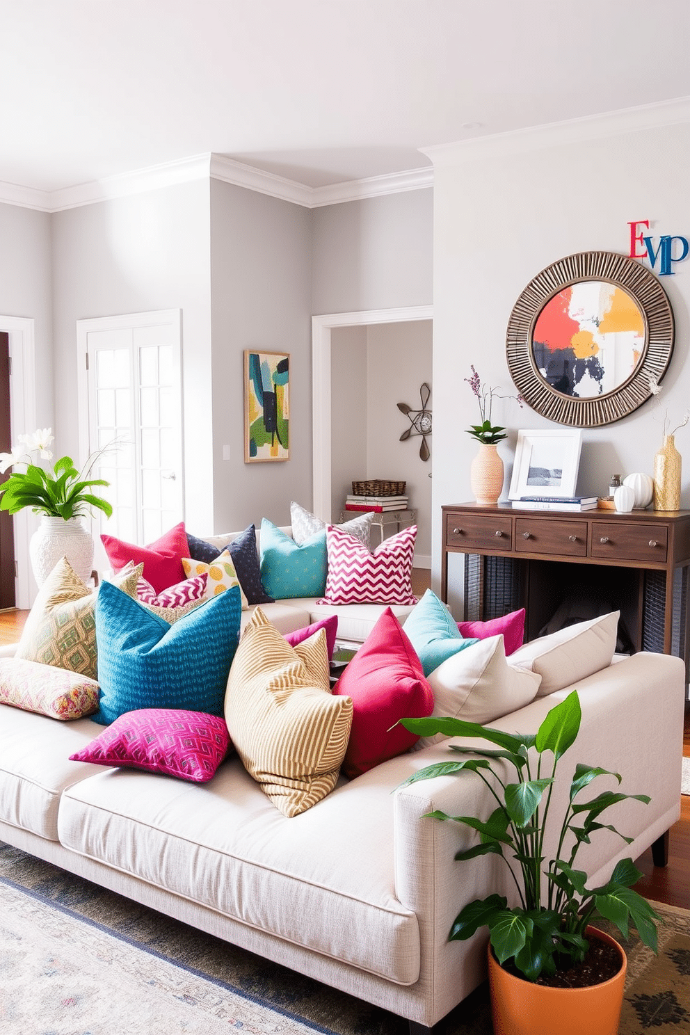 A vibrant living room filled with colorful throw pillows in various patterns and textures, arranged on a plush sectional sofa. The walls are painted in a soft gray, and a large abstract painting hangs above the fireplace, enhancing the cheerful atmosphere. An inviting entryway featuring a stylish console table adorned with decorative items and a statement mirror. The floor is covered with a geometric patterned rug, and a cluster of potted plants adds a fresh touch to the space.