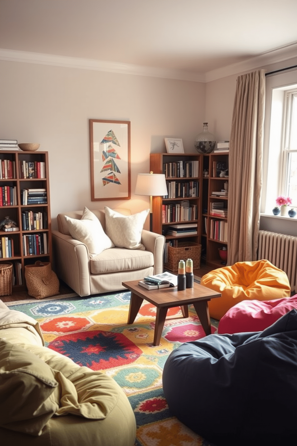 Cozy reading nook with plush cushions. A large, comfortable armchair is positioned by a window, surrounded by shelves filled with books and soft lighting from a nearby floor lamp. Living room playroom design ideas. The space features a vibrant area rug with playful patterns, where colorful bean bags and a low coffee table create an inviting atmosphere for both relaxation and play.