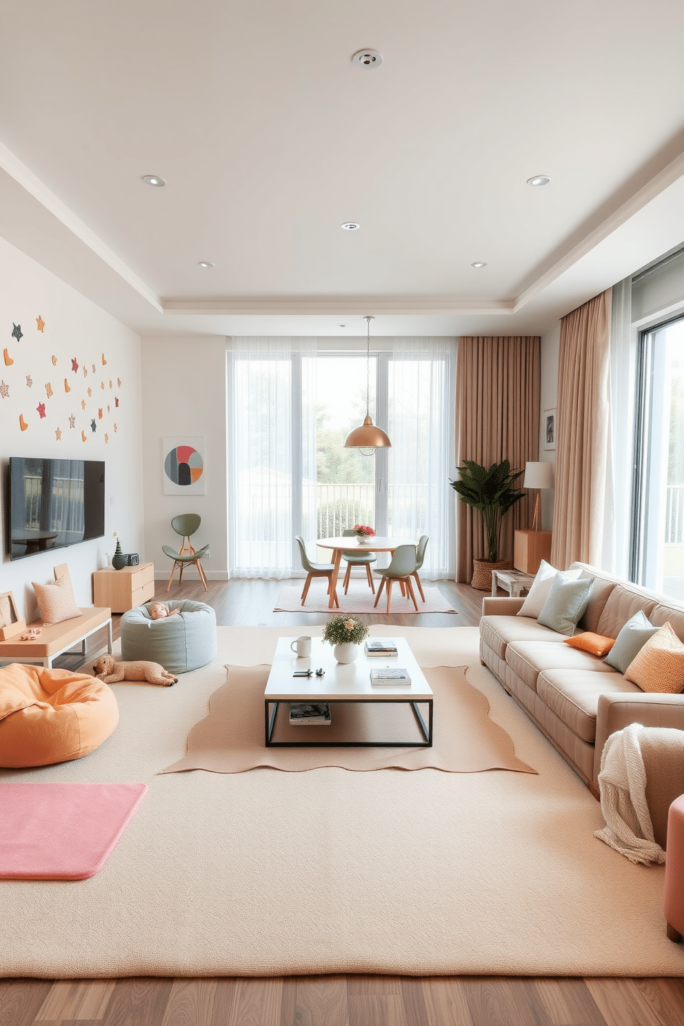 A cozy playroom designed for children, featuring soft play mats in pastel colors that provide a safe and inviting area for play. The walls are adorned with playful wall decals, and a comfortable seating area with bean bags invites relaxation and creativity. The living room seamlessly integrates with the playroom, characterized by an open layout that encourages interaction. Large windows allow natural light to fill the space, while a stylish coffee table is surrounded by plush seating, creating a perfect balance between elegance and fun.